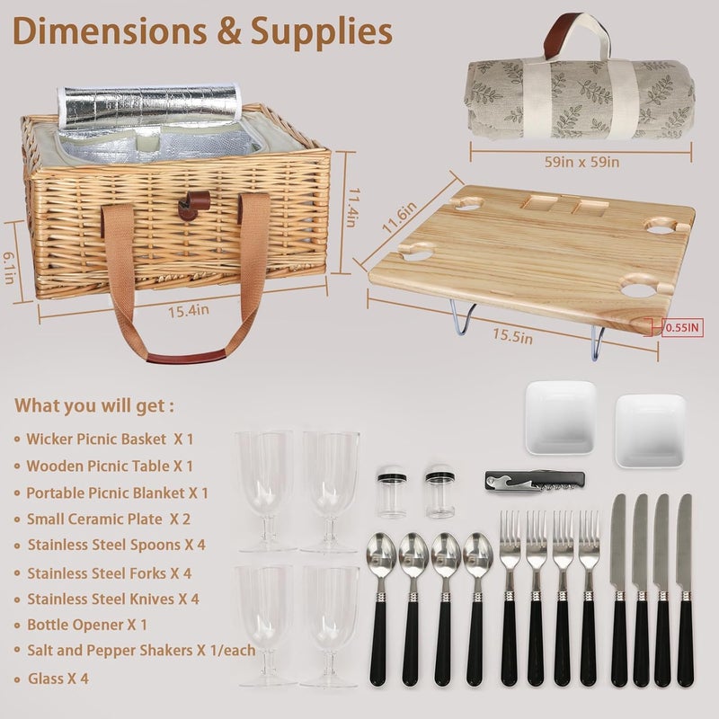 HapTim Wicker Picnic Basket for 4 with Mini Folding Wine Picnic Table & Large Insulated Cooler Bag & Cutlery Service Kits for 4 Person, Couples Gifts, Wedding Gifts (Y2307-4-CM) - Image 4